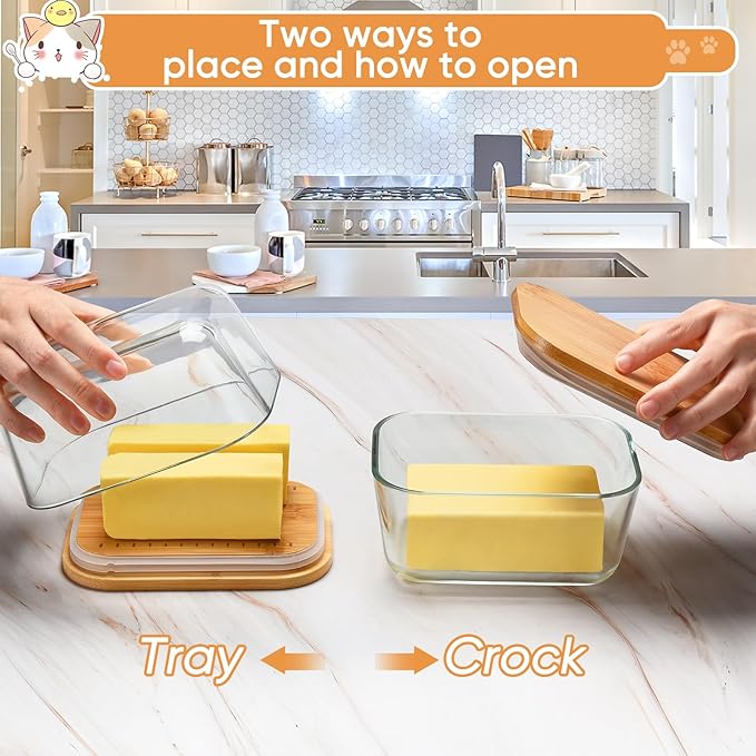 Glass Butter Dish With Sealed Lid - Large Tray for Refrigerator and Outdoor Use - Dishwasher Safe