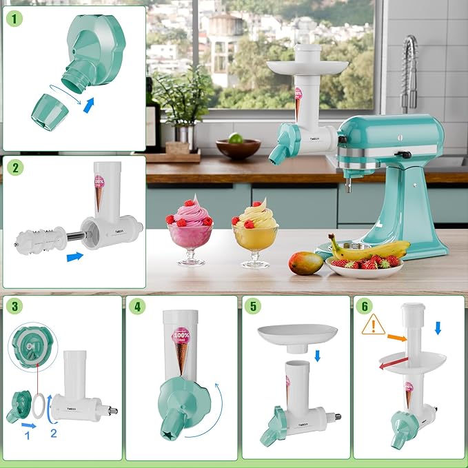 Dairy Free Ice Cream Maker Attachment for KitchenAid Stand Mixer, Frozen Yogurt and Sorbet Maker, Soft Serve Dessert Machine, Dishwasher Safe for Kitchen aid Ice Cream Attachment