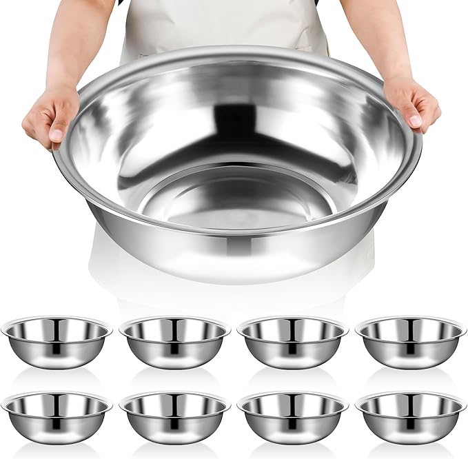 8 Pcs Stainless Steel Mixing Bowls Metal Mixing Bowls Extra Large Basin Salad Bowl with Deeper Edge, Dishwasher Safe, Mirror Finish for Home and Commercial, Silver (16 Inch 13 Qt)