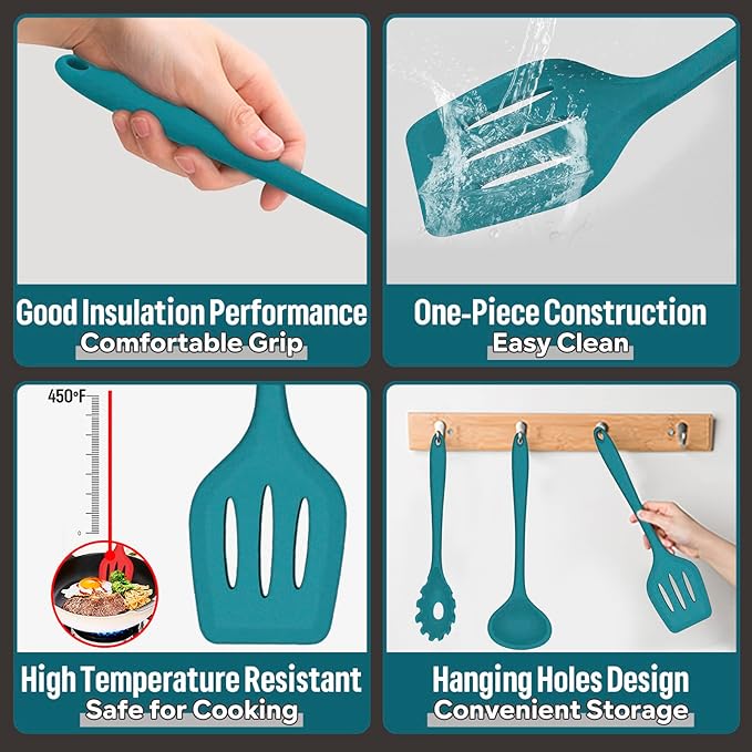 Silicone Cooking Utensils Set, E-far 7-Piece Blue Heat Resistant Kitchen Utensils Set, Kitchen Nonstick Tools Spatula Ladle Spoon Pasta Server for Non-stick Cookware, Non-Toxic & Dishwasher safe