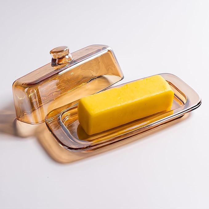 Glass Butter Dish with Lid for Countertop, Champagne Crystal Covered Butter Holder Tray Container(7.9*3.55 in)