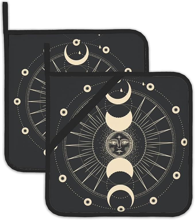 2PCS Star Mystic Sun Astrology Tarot Goth Pot Holder with Loop,Heat Resistant Oven Pads, Hot Pat for Kitchen Cooking Baking Food