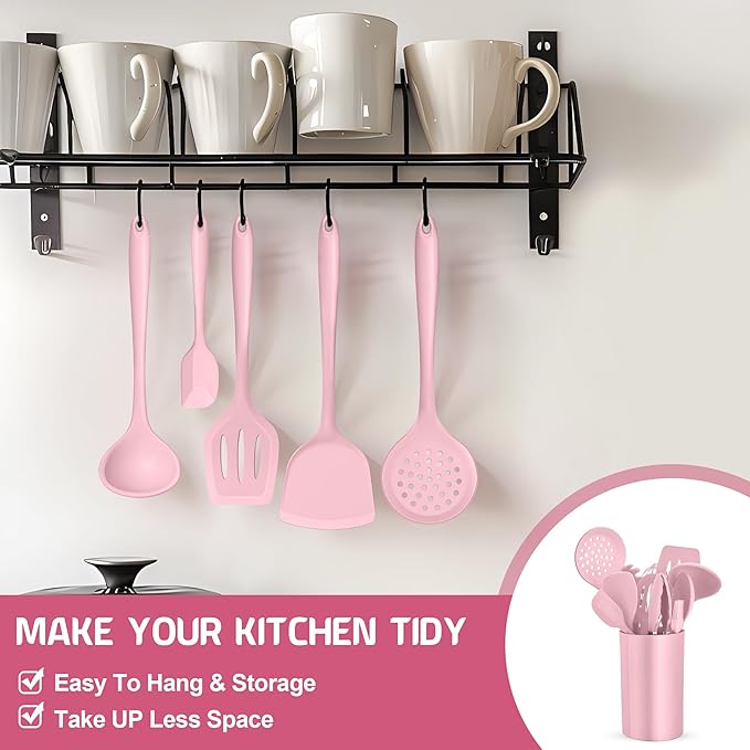E-far Silicone Cooking Utensils Set, 25 Piece Kitchen Utensils with Holder, Non Toxic Kitchen Tools Spatula, Turner, Spoon, Ladle for Nonstick Cookware, Heat Resistant & Dishwasher Safe - Pink