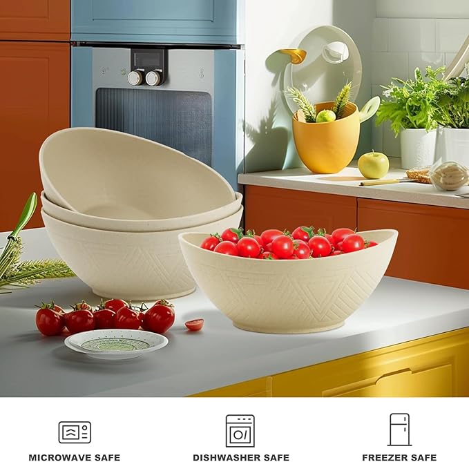 Large Bowls 65 OZ, Wheat Straw Bowls Set of 4, Unbreakable Salad Bowl, Microwave & Dishwasher Safe Big Bowl, Kitchen Serving Bowl for Salad, Cereal, Soup and Oatmeal (Beige)