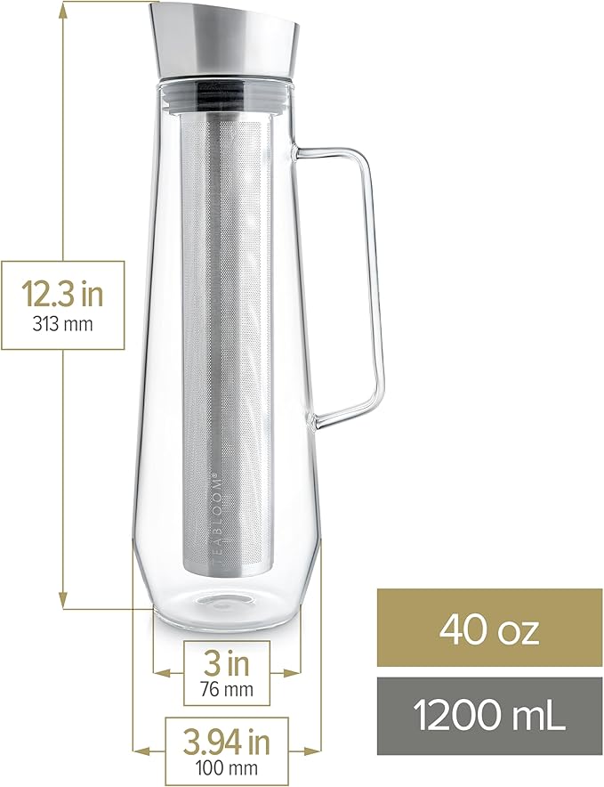 Teabloom Palais Pour Tea Maker & All-Beverage Jug – 40oz Elegant Borosilicate Glass Pitcher with Stainless Steel – Premium Loose Leaf Tea & Fruit Infusion Steeper