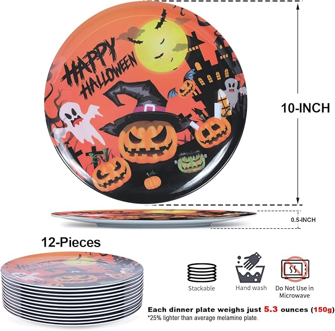 10-Inch Halloween Melamine Dinner Plates, 12-Piece Dishes Set, Lightweight & Stackable for Holidays& Decor Party plates, Ideal for Salad,Dessert,Fruit and Cakes-Halloween Pattern