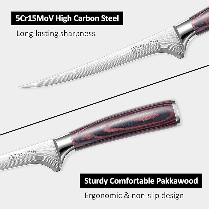PAUDIN Fillet Knife 7 Inch, Professional Filet Knife for Fish with Sheath, Razor Sharp Boning Knives for Meat Cutting with Ergonomic Pakkawood Handle, Gift Box