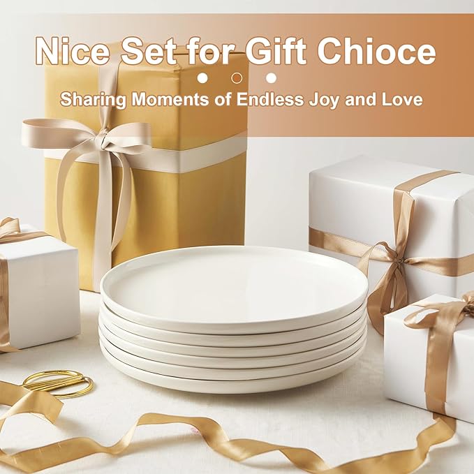 Jassceram 10.5 Inch White Dinner Plates Set of 6, Ceramic Round Plates for Kitchen or Restaurant, Salad Plates Modern Dish Set - Microwave, Oven and Dishwasher Safe, Scratch Resistant and Lead-free