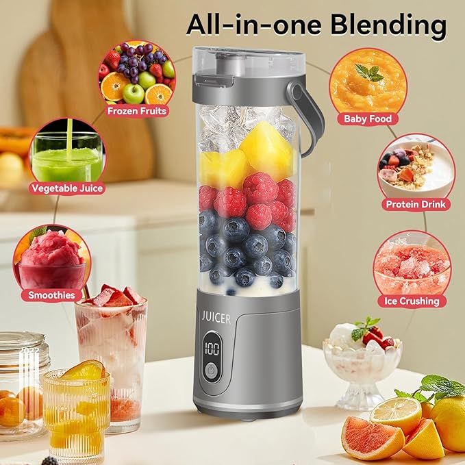 Portable Personal Electric USB Juicer,600ML Mini Blender Portable Blender For Shakes and Smoothies juice,12 Blades Great for Mixing,Compact、Convenient and Versatile (grey)