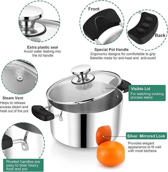 6 Quart 3-Ply Cooking Stock Pot with Lid, P&P CHEF Stainless Steel Large Pot for Pasta Soup, Work on Multi Stove, Heavy Duty & Dishwasher Safe, Dual Heat-resistant Handles & Visible Lid