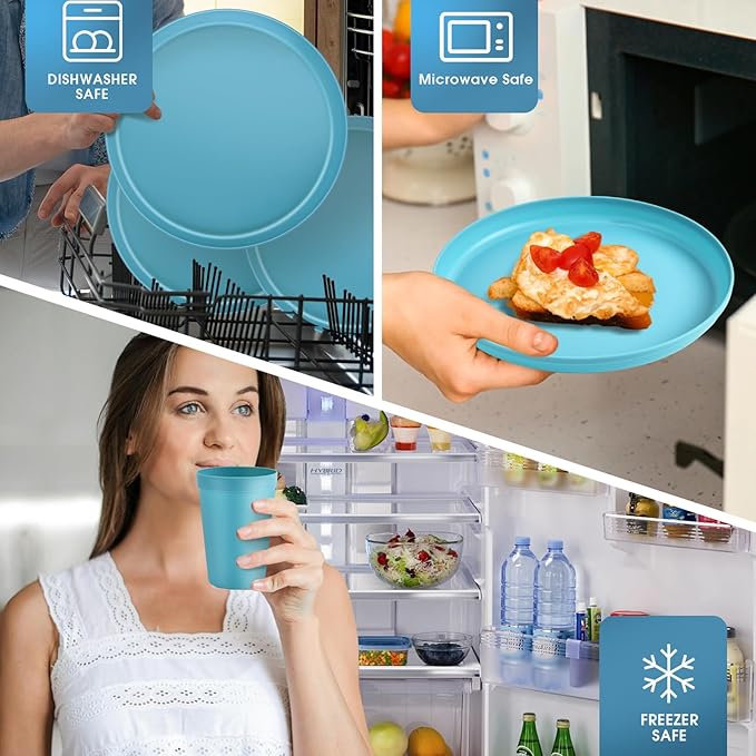 Plastic Dinnerware Sets – 40-Piece Blue Plates and Bowls Sets, Unbreakable, Reusable Dishes Set for 8 with Cups, Knives, Forks and Spoons, for Camping and Outdoor Use