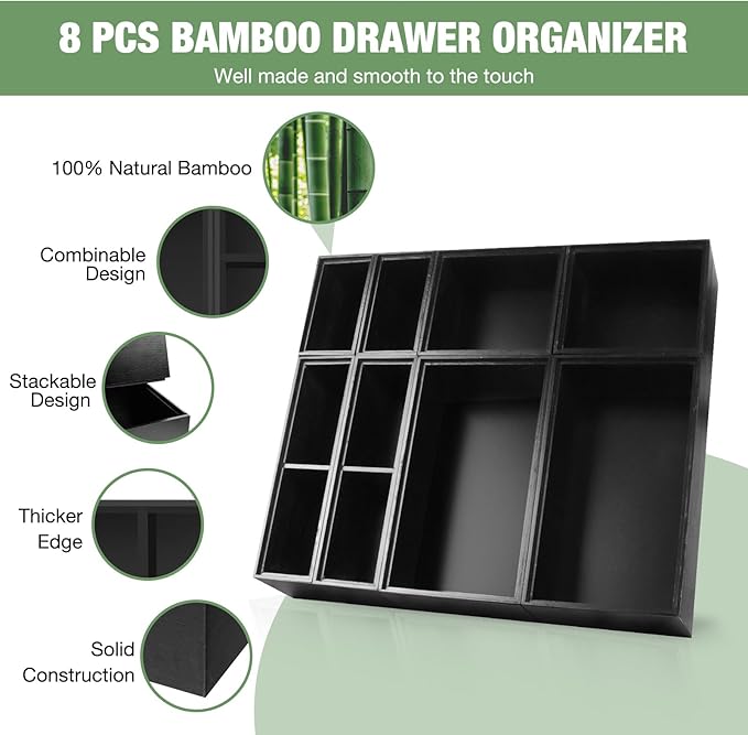 Bamboo Drawer Organizer Set, 8 PCS Multi-Use Wood Drawer Storage Boxes, Junk Drawer Organizer Divider Bins for Kitchen, Bathroom, Office Desk, Makeup, Jewelry, Utensils