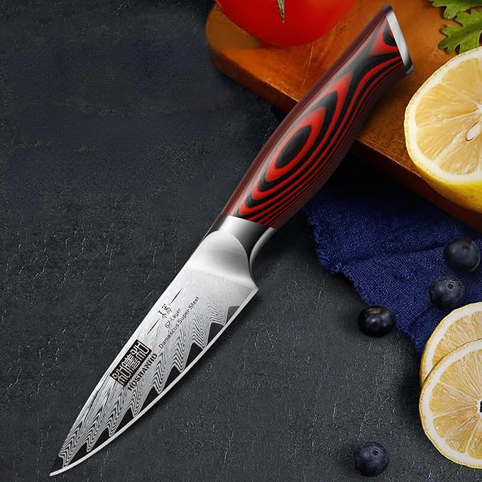 Paring Knife 3.75 Inch Small Kitchen Knife, Super Sharp Damascus Steel Fruit Knife, Multifunctional Peeling Knife for Cutting Fruit Vegetables