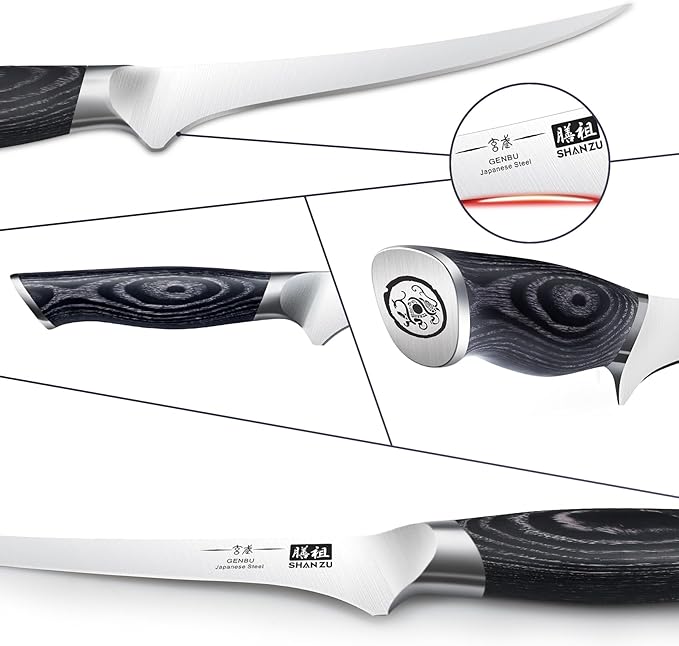 SHAN ZU 7 Inch Fillet Knife, Japanese Super Steel Boning Knife, Professional Ultra Sharp Fish knife with K133 Ergonomic Handle, Black Tortoise Genbu Series
