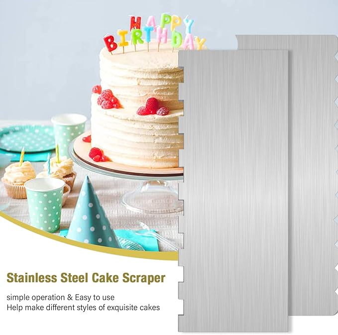 2 Pc Stainless Steel Cake Scraper Cake Decorating Tools Edge Side Jagged Wave Double Sided Patterned Comb Metal Cake Carving Smoothing Cream Pastry Baking(CS-21,CS-25)