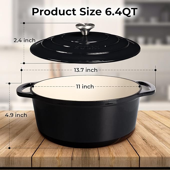 Zulay Kitchen 6 Quart Enameled Cast Iron Dutch Oven with Lid – Premium Durability & Oven Safe up to 500°F – Heavy Duty Cookware Perfect for Bread Baking, Stews, Braising & Roasting – Black