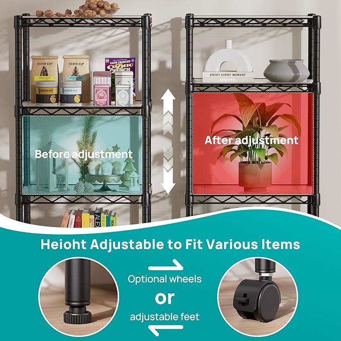 SINGAYE 4 Small Shelves Storage Shelf Wire Shelving Unit Metal Shelf Adjustable Organizers Storage Shelving with Wheels for Bathroom Laundry Room Kitchen Pantry11.5”D x 17.3”W x 44.5”H Black