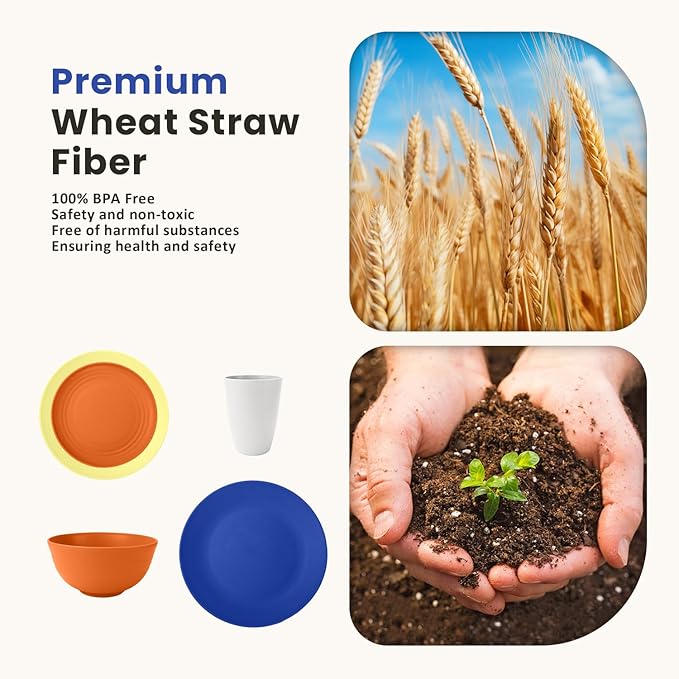 Homienly 40-Piece Wheat Straw Dinnerware Sets, Unbreakable Reusable Dinnerware Set, Service for 8, Kitchen Cups Plates and Bowls Set, Dishwasher Microwave Safe Dishes Set for Camping, Party - Mondrian