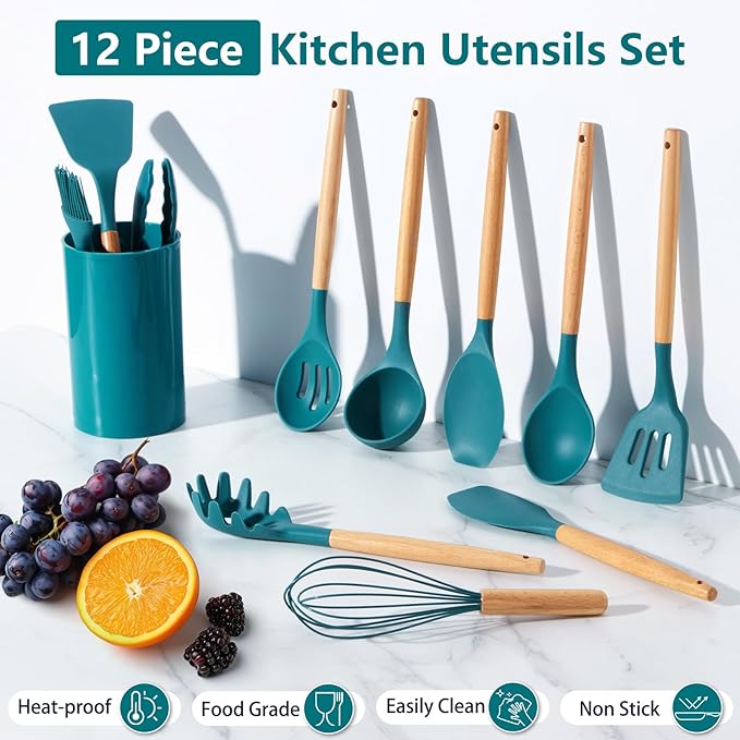 P&P CHEF Silicone Cooking Utensils Set, 12PCS Kitchen Utensils Set with Wooden Handle for Nonstick Cookware, Ladle, Spoon, Spatula, Tong, Heat-resistant & Non-scratch, Non Smell & Healthy, Blue