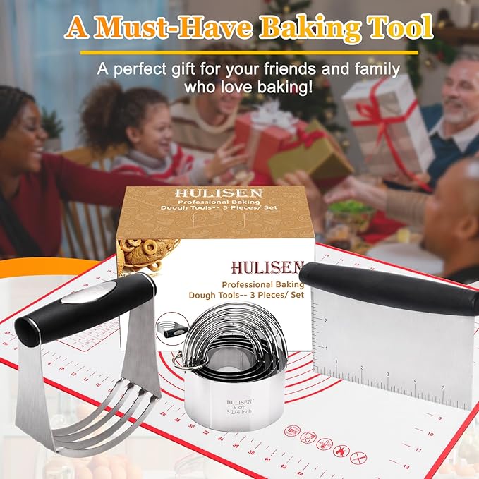HULISEN Stainless Steel Biscuit Cutter Set, Silicone Mat, Pastry Scraper and Dough Blender, Sturdy & Long-Lasting with Ergonomic Rubber Grip, Professional Baking Dough Tools, Gift Package (4 Pcs/Set)