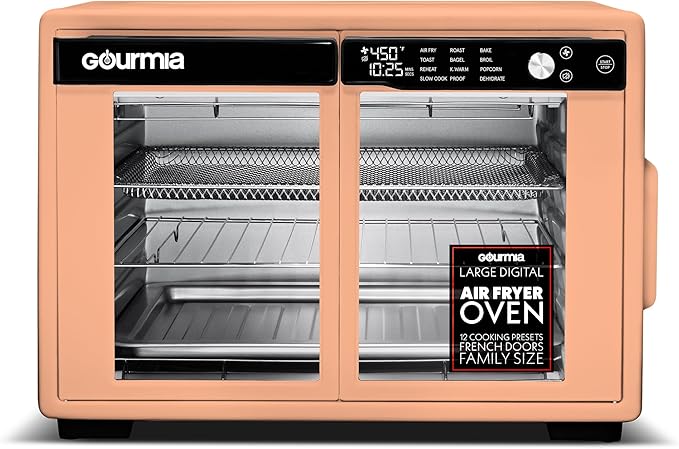 Gourmia French Door Digital Air Fryer Oven - 25-Quart XL Capacity, 12 Presets, Touchscreen, FryForce 360° Tech, Dehydrate, Proof, Slow Cook, Fits 13” Pizza, 1700W, Peach