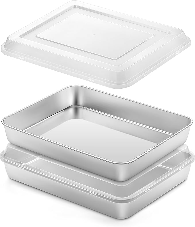 10⅜ x 8⅛ x 2 Inch Baking Pan with Lid, 2 Pack Stainless Steel Lasagna Rectangular Cake Pan, Non Toxic & Healthy