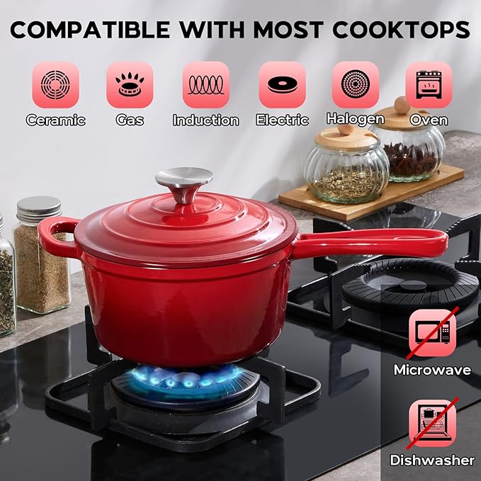 Onader 2QT Saucepan with Lid, Enameled Cast Iron Sauce Pan Pot, Small Dutch Oven Cooking Kitchen Pot, Nonstick & Heavy Duty – Red