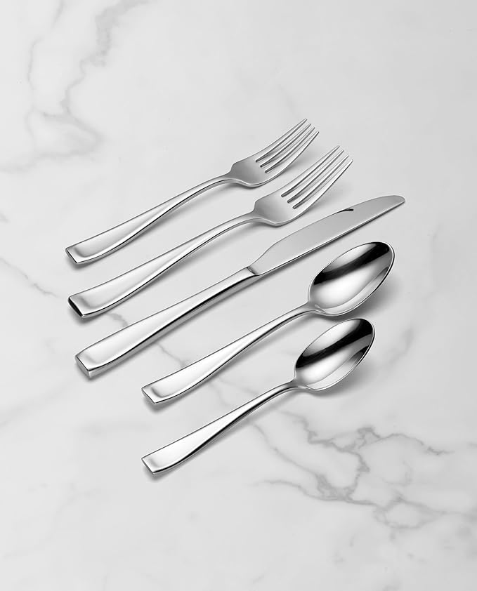 ONEIDA Silverware Set For 12, Moda 65-Piece Fine Flatware Set with Serving Utensils, Service For 12, 18/10 Stainless Steel, Dishwasher Safe For home, Knives Spoons and Forks Set (Silver, 65 pieces)