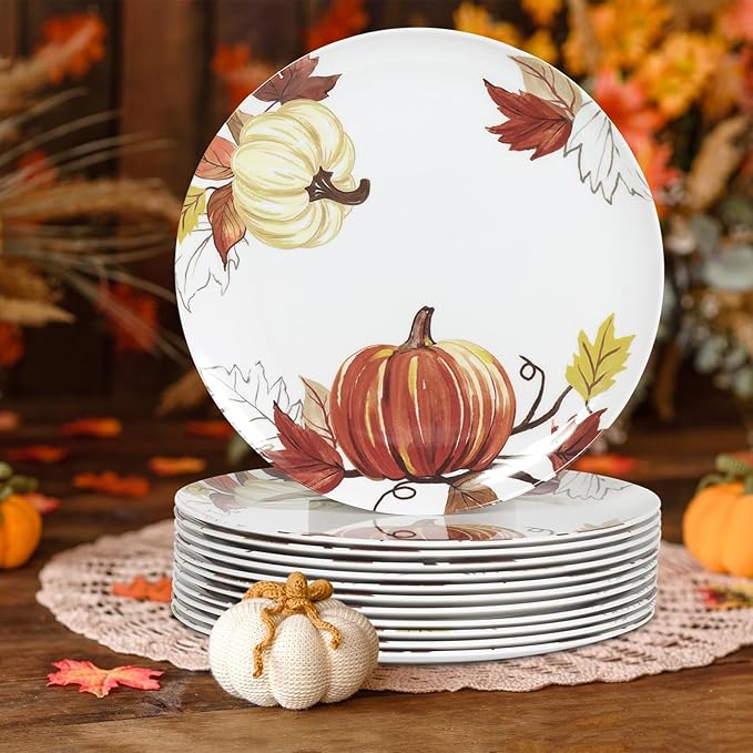 12pcs Melamine Dinner Plates,10 Inch Pumpkin & Autumn Leaf Decorations Plate,Reusable Melamine Dishes Set for Thanksgiving & Fall Decor Party, Ideal for Salad,Dessert,Fruit and Cakes