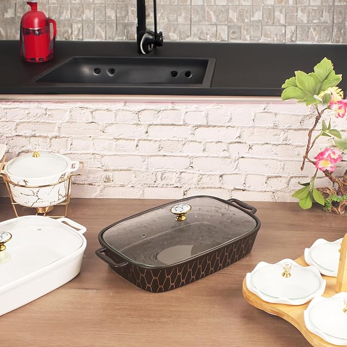 10" x 7" Ceramic Rectangular Casserole Dish with Glass Lid, 1.3 Quart Serving Soup Tureen,Chafing Dish for Buffet, Family Food preserve Tray, Catering for Party Style, Black