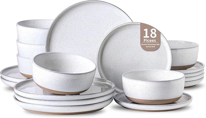 Hasense Plates and Bowls Sets, 18 Pieces Modern Porcelain Dishes Sets Service for 6, Stoneware Dinnerware Sets with Speckled Pattern, Scratch Resistant Microwave and Dishwasher Safe, White