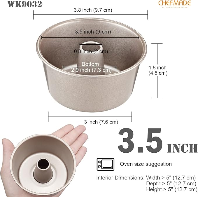 CHEFMADE Mini Angel Food Pan Set, 3.5-Inch 4Pcs Non-Stick Chiffon Tube Pan for Oven and Instant Pot Baking (Champagne Gold)