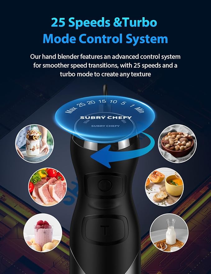 Immersion Blender Handheld Hand Blender, Speed Settings, Stainless Steel, Black