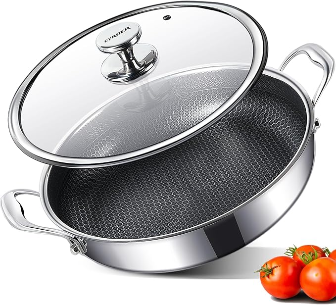 316L Stainless Steel Frying Pan-12inch Hybrid Nonstick Induction Pan with Lid, Two Handle Hold, PFOA Free, Dishwasher Oven Safe, Paella Pan for Stir fry/Toast/Roast/Bake/Stew, 6 Quart