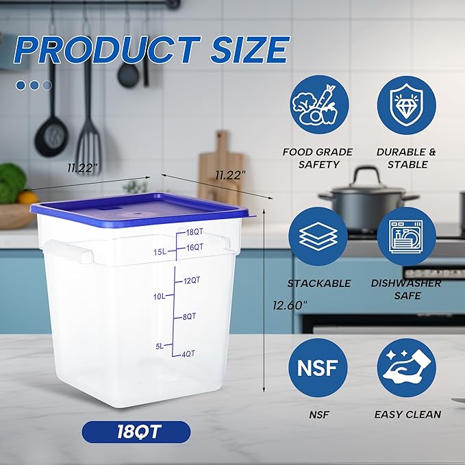 4 Pack 18 Quart Food Storage Containers with Lids, Polycarbonate Square Commercial Food Containers, NSF, Clear, New Version