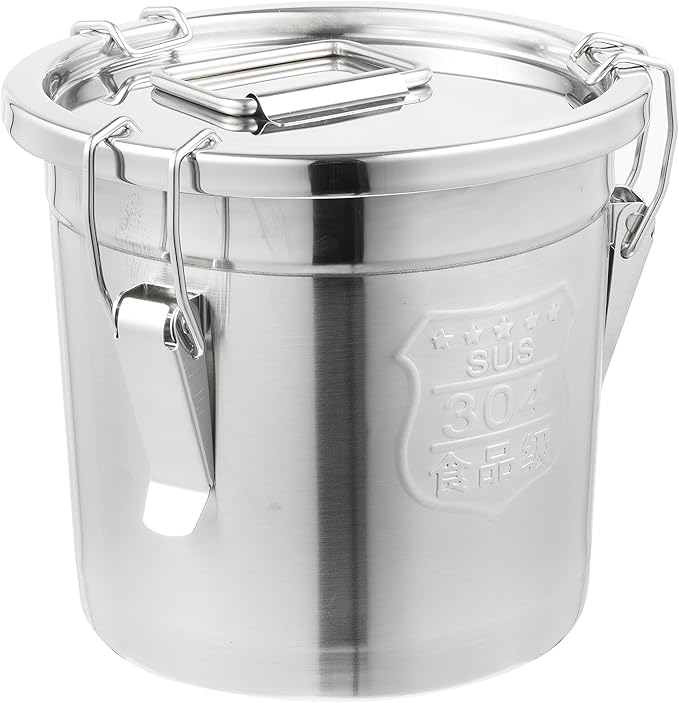 DYNAMI 304 Stainless Steel Containers With Lid,202oz Airtight Flour Container for Kitchen,5-10lbs Metal Airtight Canisters Milk Jug Coffee Bean Cookies Canisters w/Locking Clamp (6L/1.6Gal)