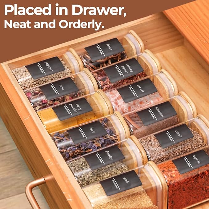 Comsaf Spice Jars with Label,8 oz Small Glass Jars with Lids, 6 Pcs Seasoning Containers, Rectangle Glass Containers with Lids, Empty Seasoning Jars for Pantry Storage, Loose Tea, Herbs, Powders, Salt