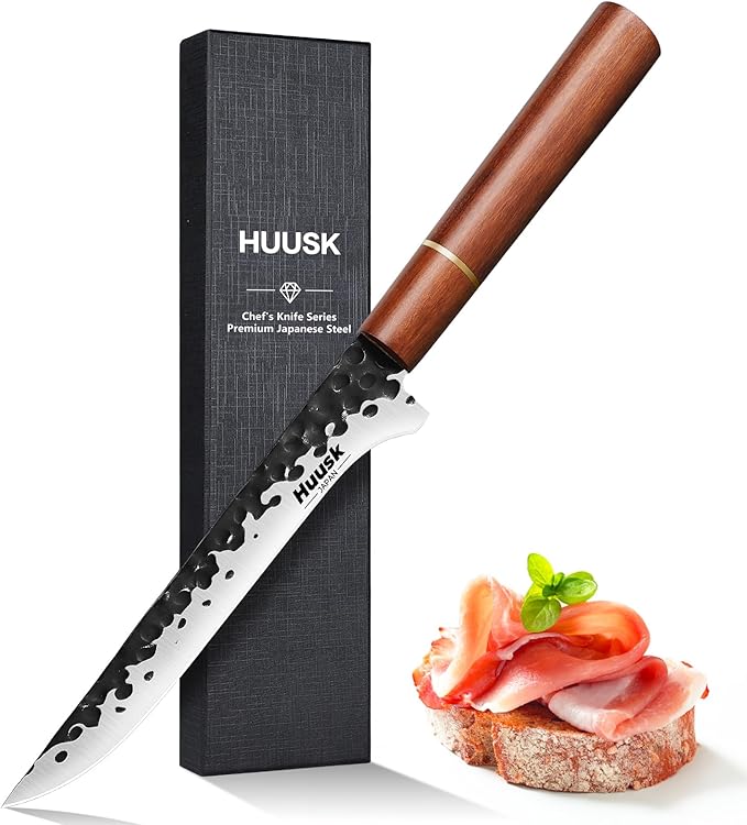 Huusk Boning Knife for Meat Cutting, 7 Inch Fillet Knife Hand Forged Carbon Steel Butcher Knife, Brisket Trimming Knife for Meat and Poultry Fish with Rosewood Handle Gift Box