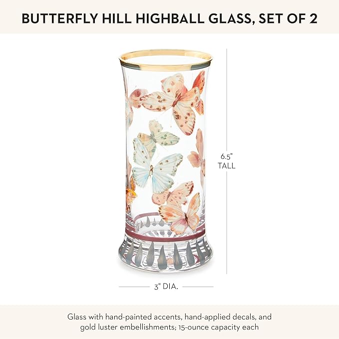 MACKENZIE-CHILDS Highball Glasses, Tall Drinking Glasses with Gold Rims, 15 Ounces, Set of 2, Butterfly Hill