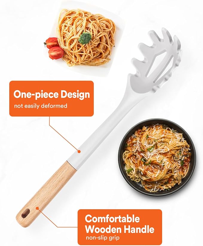 Silicone Pasta Fork, Kitchen Heat Resistant Noodle Spoon Server, BPA Free Spaghetti Strainer,12.8 inch (WHITE)