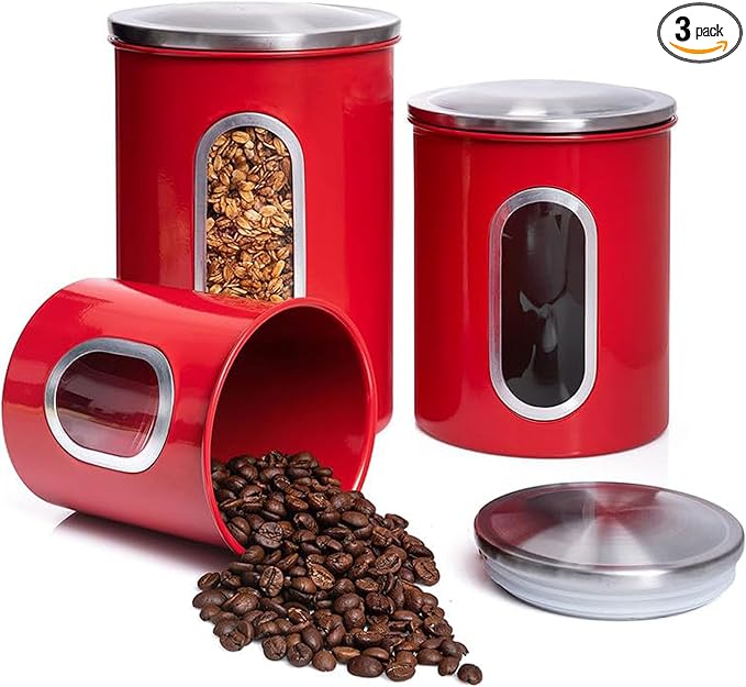 Mixpresso 3-Piece Red Canisters Sets For The Kitchen, Airtight Canister Set With See Through Window, Storage Jars for Coffee Container, Tea Organizer & Sugar Canister, Red Kitchen Canisters