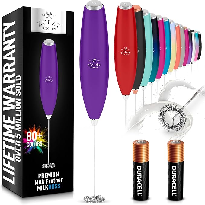 Zulay Kitchen Milk Frother Handheld Electric Whisk with AA Duracell Batteries – Durable Drink Mixer for Coffee, Lattes, Cappuccinos & More - Purple