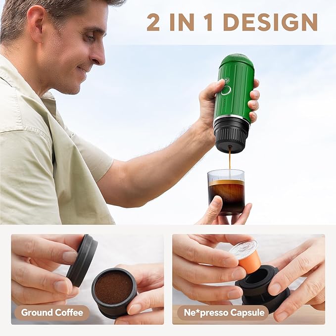 Fast self-heating Portable Electric Espresso Coffee Maker, 2 IN 1 Extraction Espresso Machine, Support Ground Coffee and NS capsule, for Travel,Car,Hiking,Climbing(Green) Rich Crema