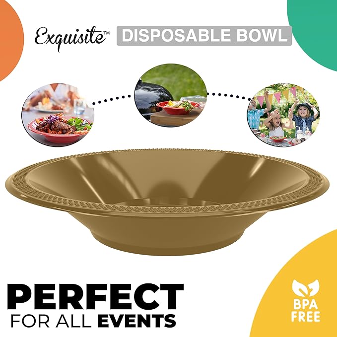Exquisite Party Solids 12 Oz Gold Plastic Bowls Disposable Soup Bowls For Hot Food - 100 Pcs Gold Cereal Bowl Plastic Disposable Bowl For Soup | Party Supplies