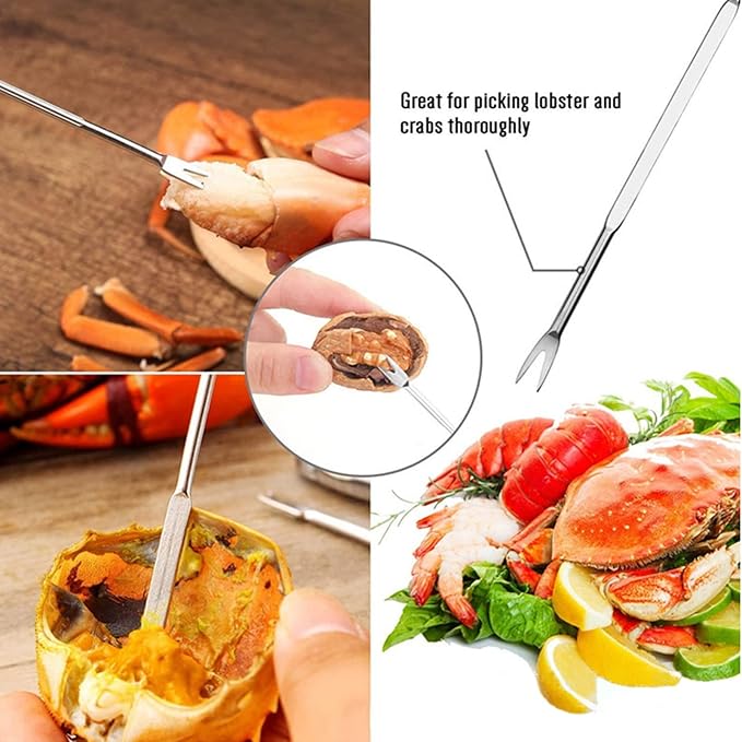 Crab Leg Crackers Seafood Tools Set includes 2 Crab Crackers, 2 Lobster Shellers, 2 Crab Leg Forks/Picks and 2 Butter Warmers for Seafood