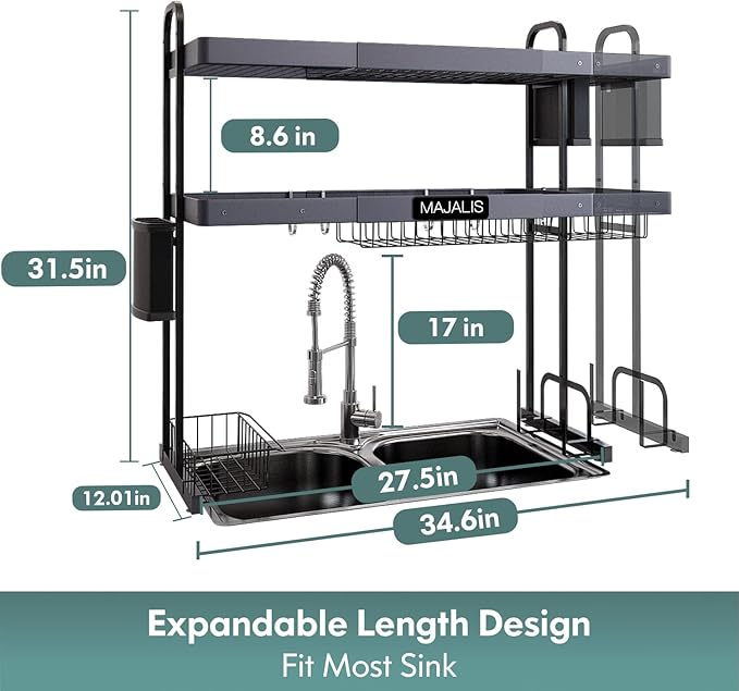MAJALiS Over Sink Dish Drying Rack, Stainless Steel 2 Tier Large Dish Drainer Above Sink Adjustable 27.5" - 34.6", Expandable Kitchen Counter Organizer Storage Shelf with 6 Hooks
