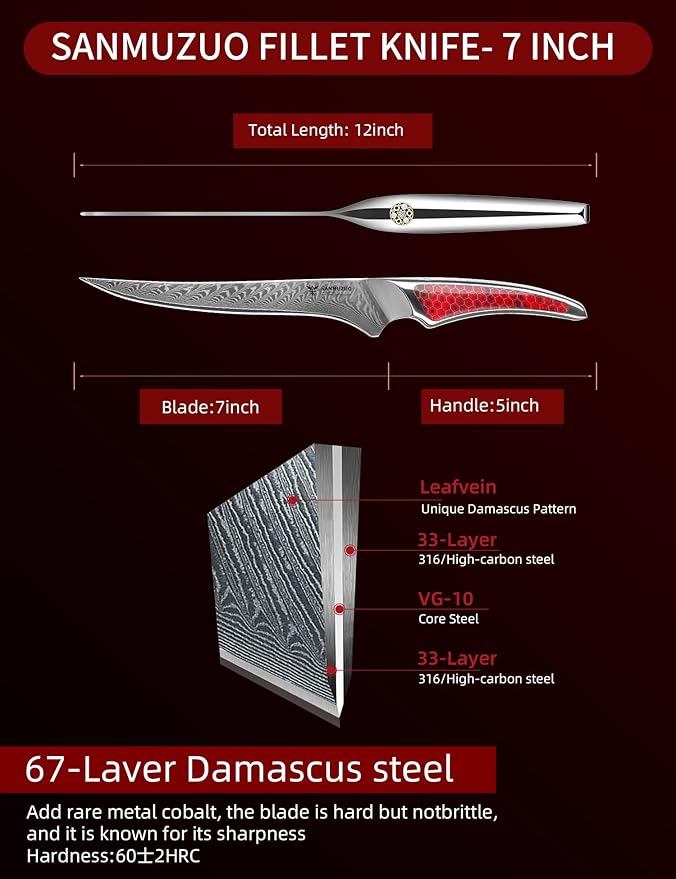 7 inch Fillet Knife, Japanese VG-10 Damascus Steel Kitchen Fish Knife, Ultra Sharp Boning Knife with Full-tang Handle in Red Resin, LA-S9 Series