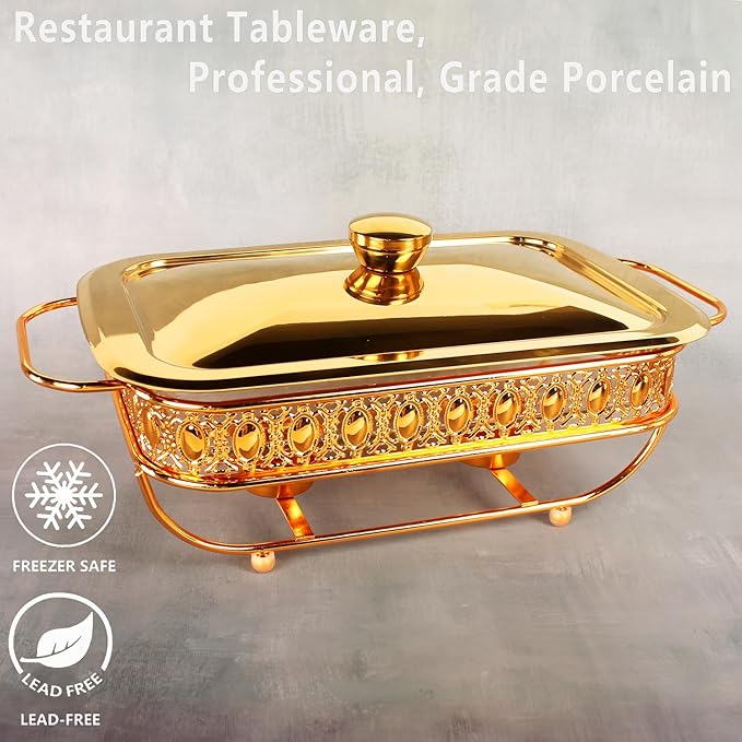 Casserole Dish 6" x 11" Glass Baking Dish with Stainless steel Lid and rack, Golden Rectangle 1.3 Qt Large Baking Pan For Casserole & Lasagna, Microwave Dishwasher Freezer Oven Safe