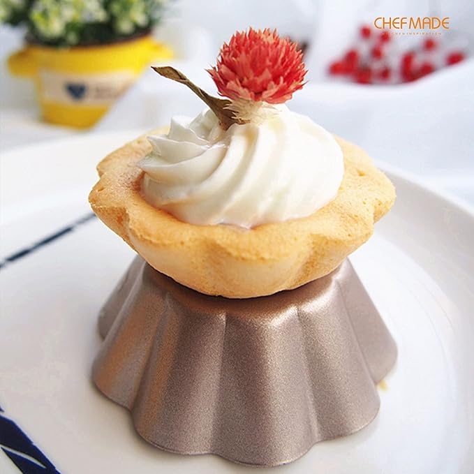 CHEFMADE Mini Pudding Pan Set, 3-Inch 4Pcs Non-Stick Egg Tart Mold Flower-shaped Pie Bread and Cake Pan Bakeware for Oven and Instant Pot Baking (Champagne Gold)