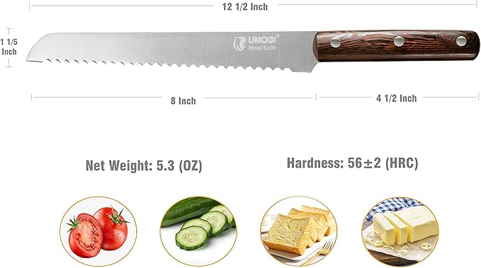 Bread Knife 8 Inch with Sheath - German High Carbon Stainless Steel, Ergonomic Grip Full Tang Wood Handle - Serrated Edge Home Kitchen Knife for Bread Tomatoes & Cake
